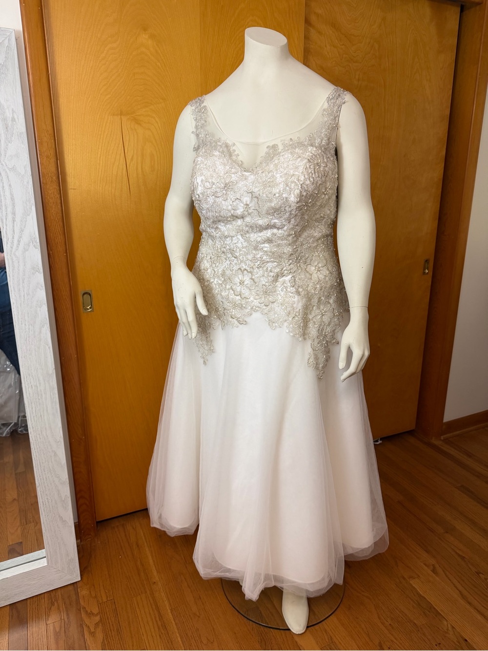 Elegant Lace Appliqué A-Line Dress in Ivory and Silver with corset lace back.